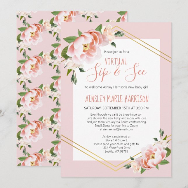 Sip & See Baby Girl Blush Pink Virtual Baby Shower Invitation (Front/Back)