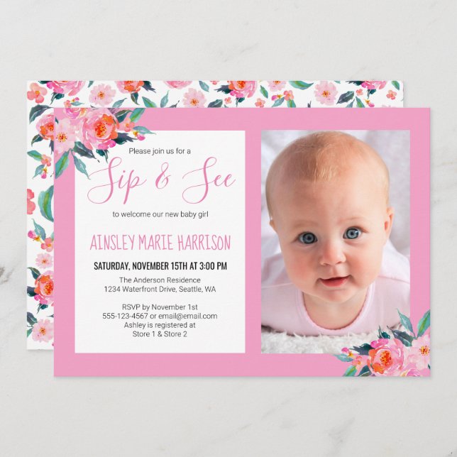 Sip & See Baby Girl Photo Pink Floral Baby Shower Invitation (Front/Back)