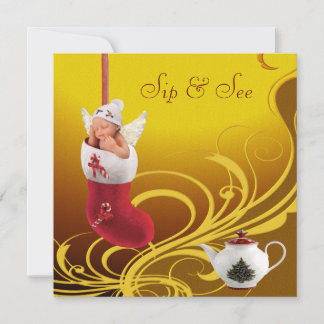 Sip & See Baby in Christmas Stocking Baby Shower Invitation