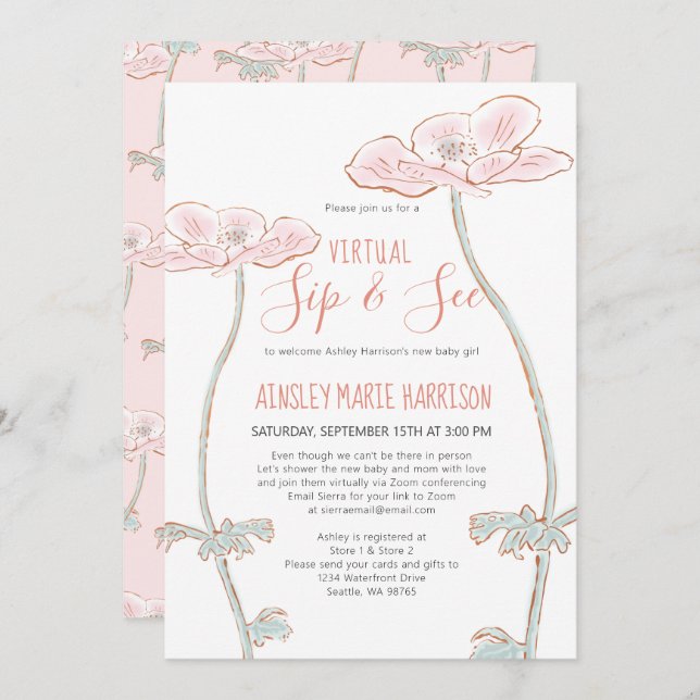 Sip & See Blush Pink Baby Girl Virtual Baby Shower Invitation (Front/Back)