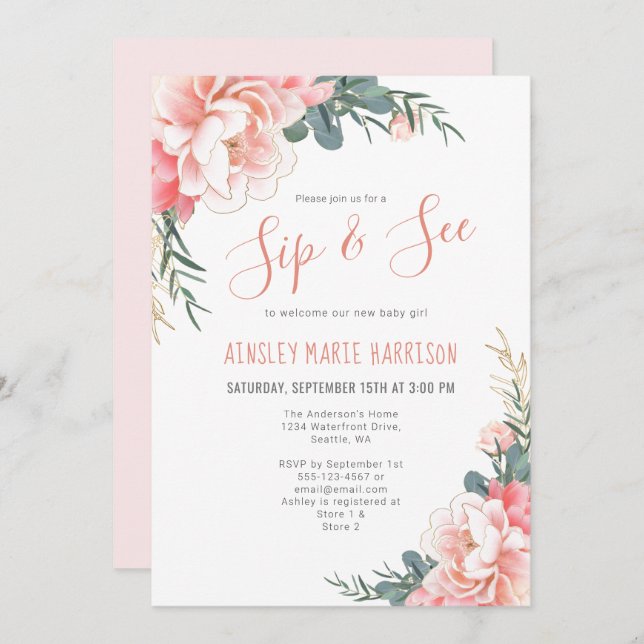 Sip & See Blush Pink Gold Floral Girl Baby Shower Invitation (Front/Back)
