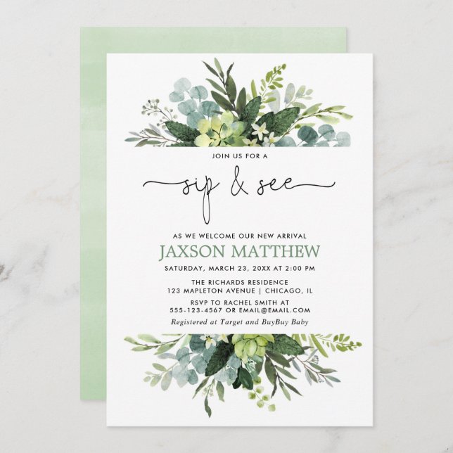 Sip see boy baby shower gender neutral eucalyptus invitation (Front/Back)