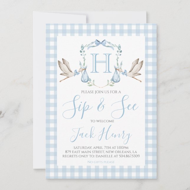 Sip & See Boy Stork Preppy Blue Gingham  Invitation (Front)
