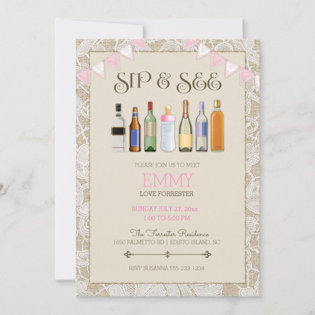 Sip & See Burlap Lace Bottles Pink Girl Bunting Invitation (Front)