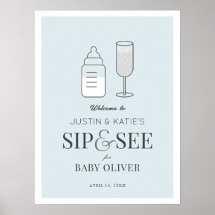 Sip & See Champagne Blue Baby Shower Welcome Poster