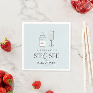 Sip & See Champagne Bottle Blue Baby Shower  Napkin