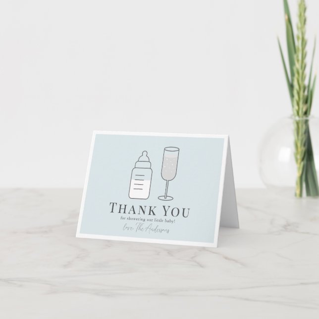 Sip & See Champagne Bottle Blue Baby Shower  Thank You Card (Front)