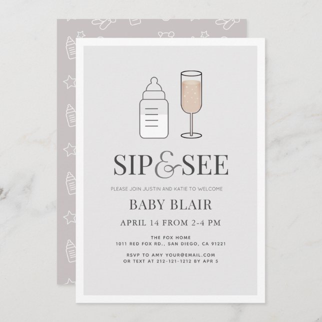 Sip & See Champagne Bottle Grey Baby Shower Invitation (Front/Back)