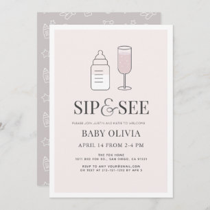 Sip & See Champagne Bottle Pink Baby Shower Invitation