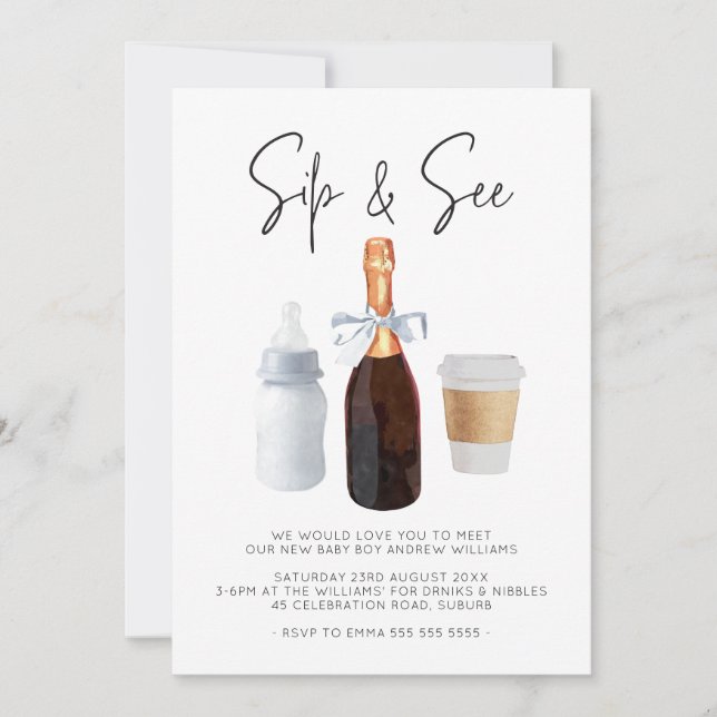 Sip & See Elegant Watercolor Blue Coffee Champagne Invitation (Front)