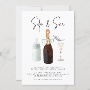 Sip & See Elegant Watercolor Green Baby Boy Invitation