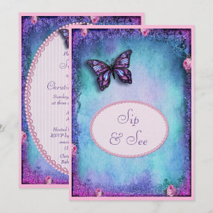 Sip & See Faux Glitter, Butterfly, Roses, Lace Invitation