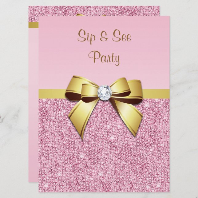 Sip & See Faux Pink Sequins Gold Bow Invitation (Front/Back)
