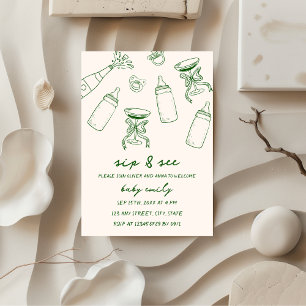 Sip & See Hand Illustrated Green Baby Boy  Invitation