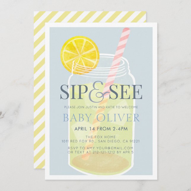 Sip & See Lemonade Mason Jar Blue Baby Shower Invitation (Front/Back)