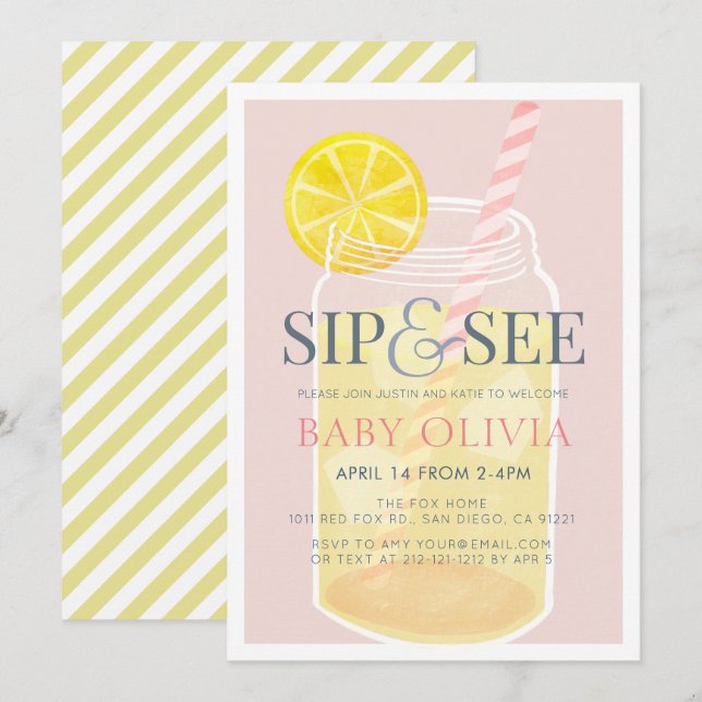 Sip & See Lemonade Mason Jar Pink Baby Shower Invitation (Front/Back)