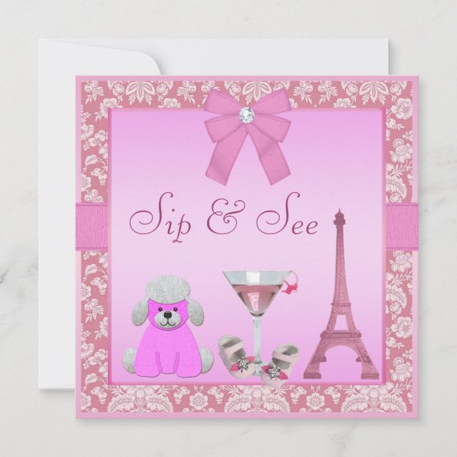 Sip & See Paris Damask Pink Poodle Baby Shower Invitation (Front)