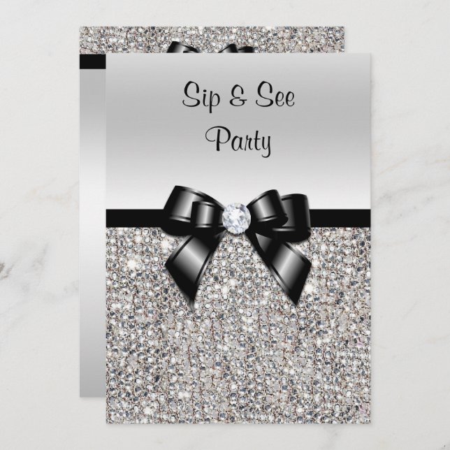 Sip & See  Party Silver Sequins Black Bow Invitation (Front/Back)