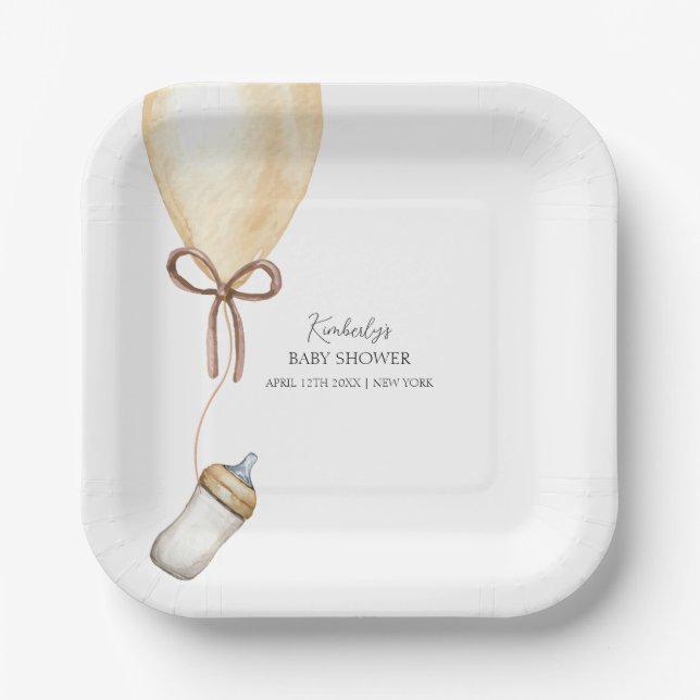 Sip & See Simple Boho Balloon Bottle Baby Shower Paper Plate (Front)