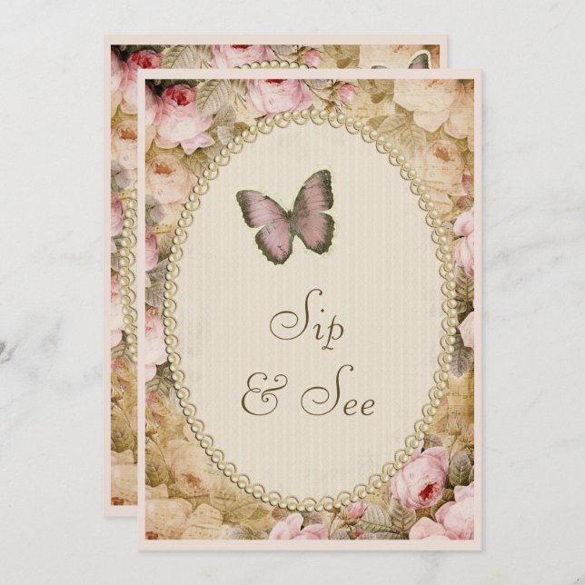 Sip & See Vintage Pearls Lace Roses Butterfly Invitation (Front/Back)