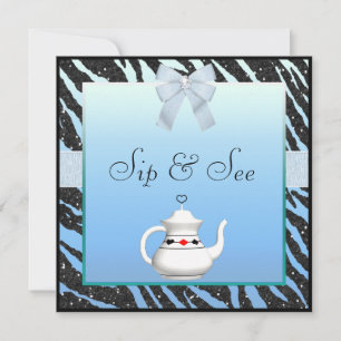 Sip & See Zebra Print Blue & Black Baby Shower Invitation
