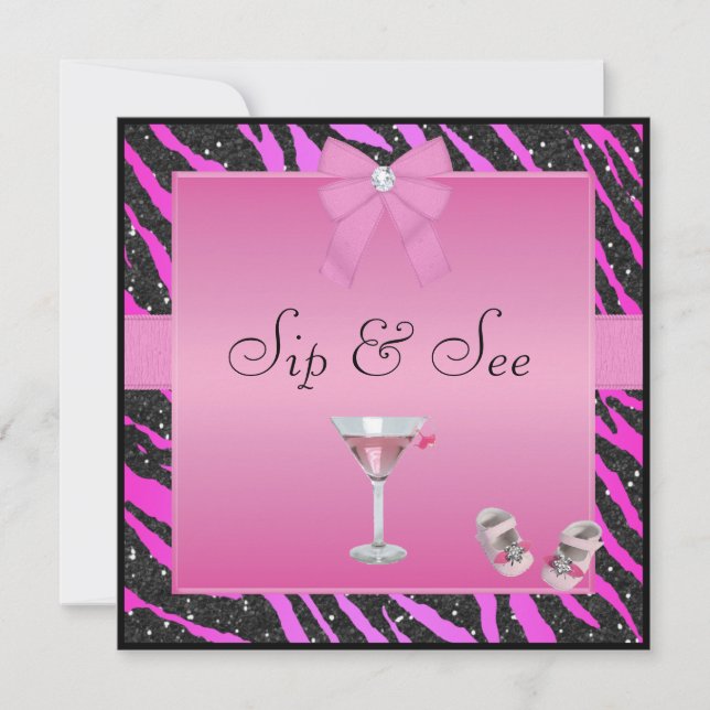Sip & See Zebra Print Pink & Black Baby Shower Invitation (Front)