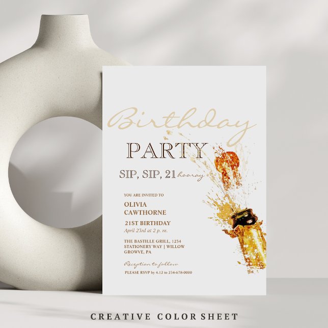  Sip, sip! | Champagne 21th Birthday Party Invitation (Creator Uploaded)