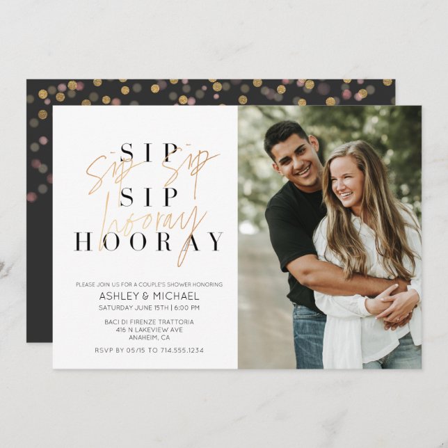 Sip Sip Hooray Black Gold Photo Couple's Shower Invitation (Front/Back)