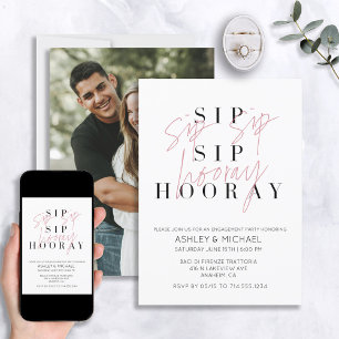 Sip Sip Hooray Black White Photo Engagement Party Invitation