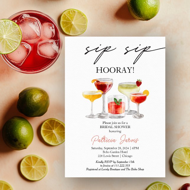 Sip Sip Hooray Cocktail Bridal Shower Party Invitation (Creator Uploaded)
