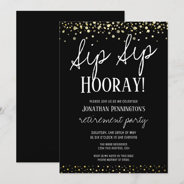 Sip Sip Hooray Elegant Gold Retirement Party Invitation (Front/Back)
