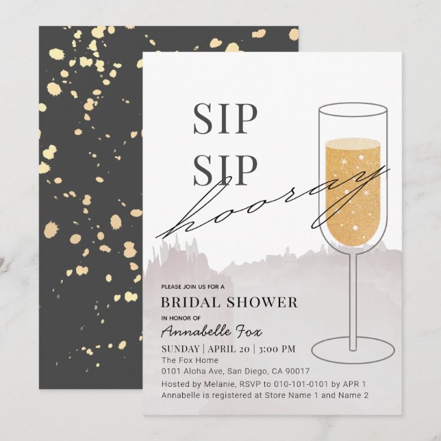 Sip Sip Hooray Gold Champagne Grey Bridal Shower Invitation (Front/Back)