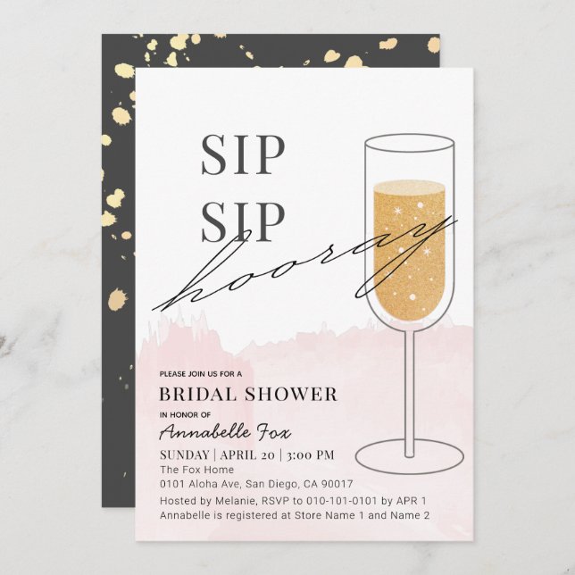 Sip Sip Hooray Gold Champagne Pink Bridal Shower Invitation (Front/Back)