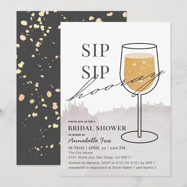 Sip Sip Hooray Gold Wine Glass Grey Bridal Shower Invitation (Front/Back)