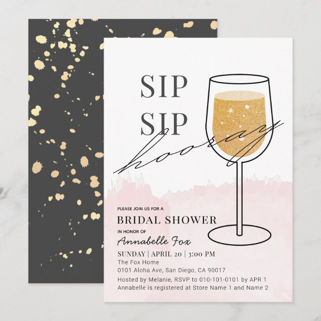 Sip Sip Hooray Gold Wine Glass Pink Bridal Shower Invitation (Front/Back)