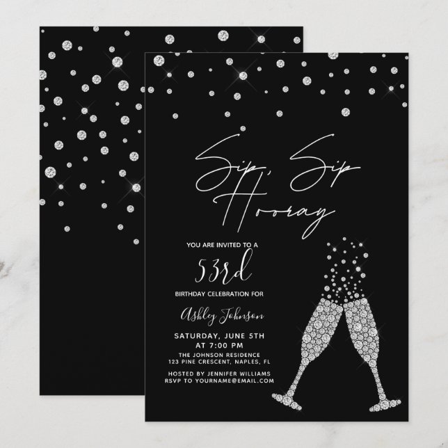 Sip Sip Hooray Modern Black & White Birthday Quote Invitation (Front/Back)