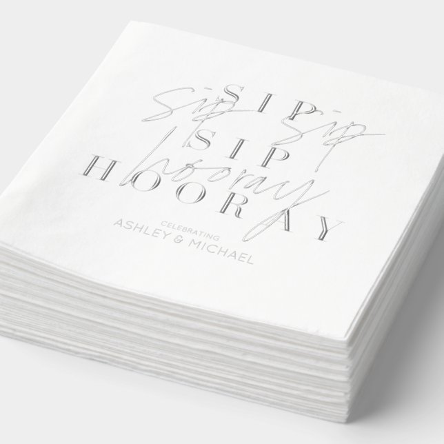 Sip Sip Hooray Modern Engagement Party Silver Foil Napkins (Detail)