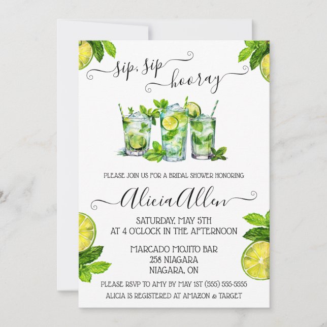 Sip, Sip, Hooray! Mojito themed Bridal Shower Invitation (Front)