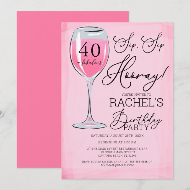 Sip Sip Hooray Pink Wine Birthday Party Invitation (Front/Back)