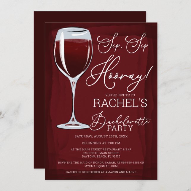 Sip Sip Hooray Red Wine Bachelorette Party Invitation (Front/Back)