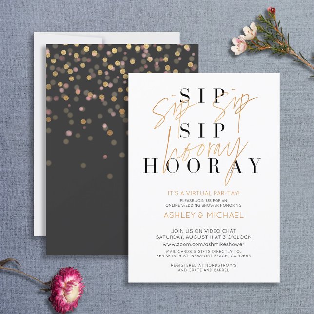 Sip Sip Hooray Simple Black Gold Virtual Shower Invitation (Creator Uploaded)