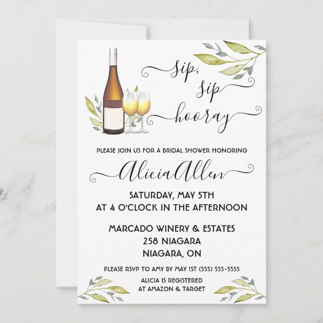 Sip, Sip, Hooray!  Wine themed Bridal Shower Invitation (Front)