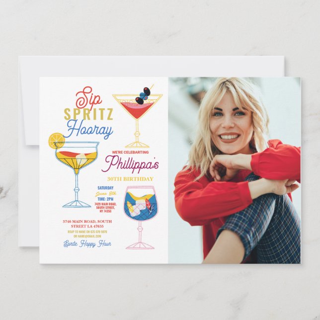 Sip Spritz Photo Party Cocktails Drinks Birthday Invitation (Front)