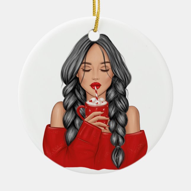 Sipping Hot Chocoatolate in Winter in Red Sweater Ceramic Ornament (Front)