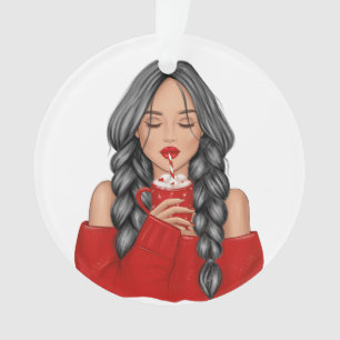Sipping Hot Chocoatolate in Winter in Red Sweater Ornament