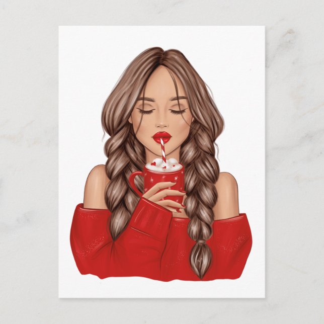 Sipping Hot Chocolate in Winter in Red Sweater Car Postcard (Front)