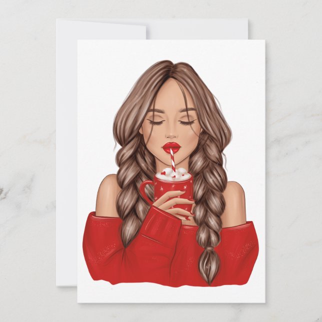 Sipping Hot Chocolate in Winter in Red Sweater Holiday Card (Front)