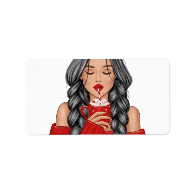 Sipping Hot Chocolate in Winter in Red Sweater Label (Front)