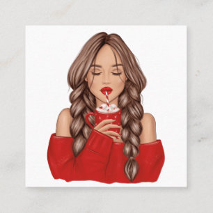 Sipping Hot Chocolate in Winter in Red Sweater Square Business Card
