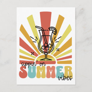 Sipping On Summer Vibes, Retro Sun, Cocktail Glass Postcard